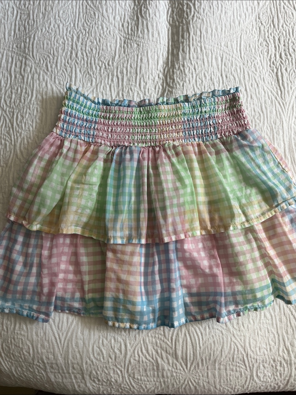 Art Class Pastel Gingham Smocked Cotton Skirt, Size Large (10/12)